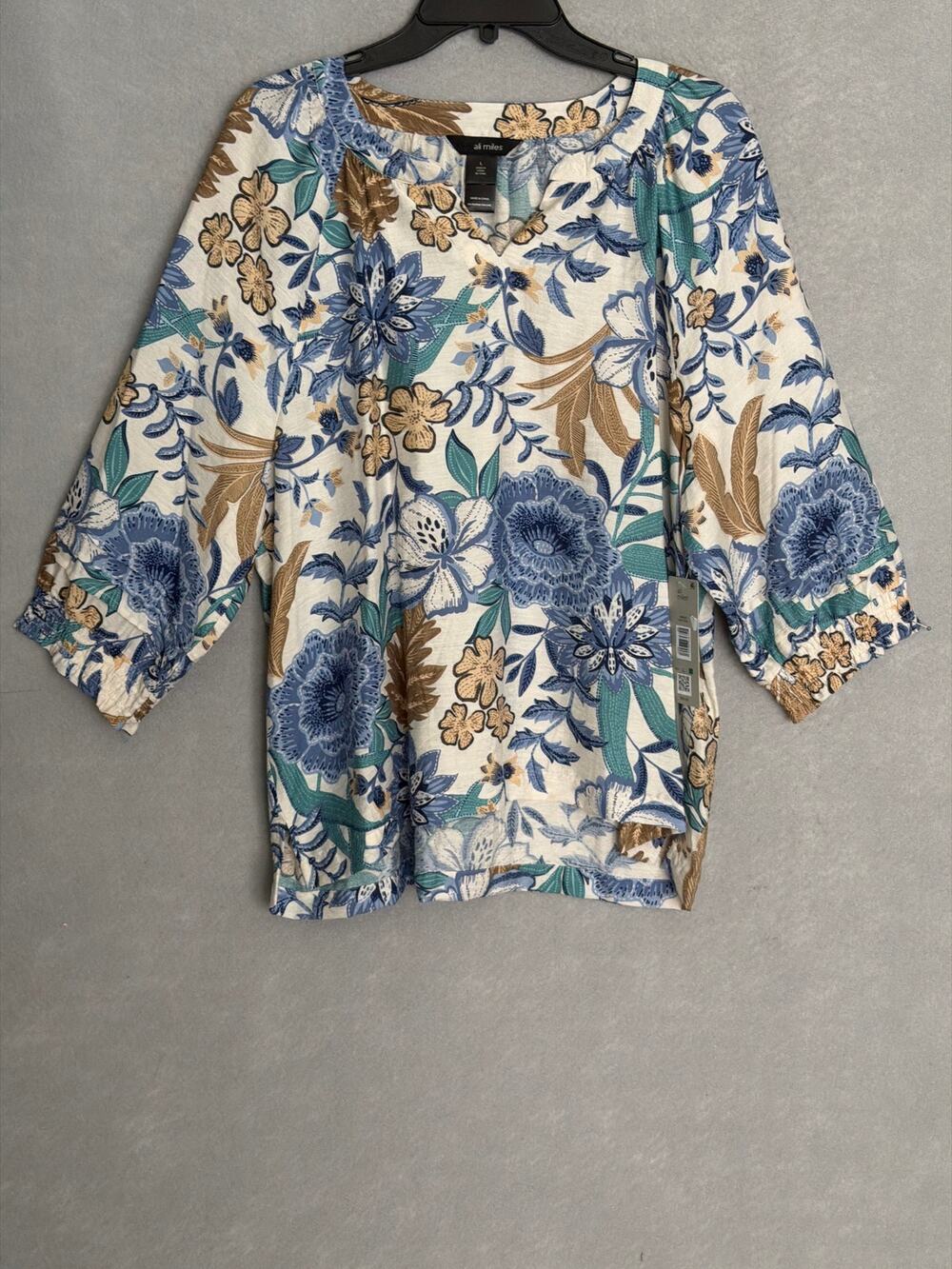 Ali Miles Printed Woven Top Pop-Over 3/4 Sleeves Floral Women's Large NEW